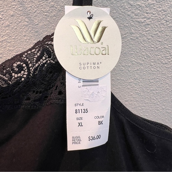 NWT WACOAL 81135 CAMISOLE Black Supima Cotton w/builtin bra. Size XL. Adjustable - Picture 2 of 3